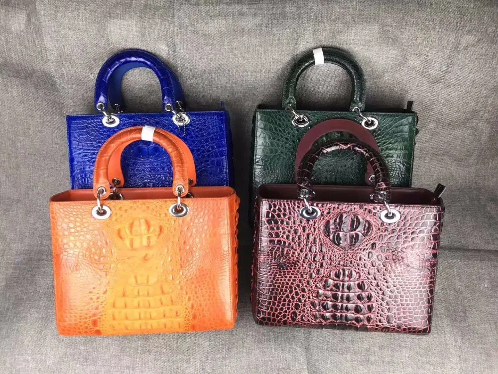 2018 newest high end quality 100% real genuine crocodile skin women tote handbag shouder orange color crocodile head skin flat