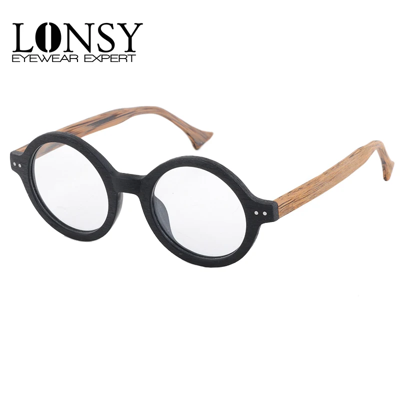 

LONSY Retro Round Eyeglasses Frame Unisex Acetate Wood Optical Glasses Frame Brand Designer Computer Reading Glasses Frame