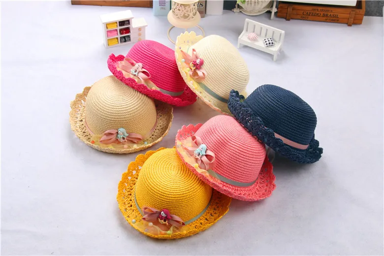 Cute Summer Baby Girls Bow Princess Hat Toddler Children Girl Cartoon Mermaid Cap Korean Infant Kids 6 Colors Straw Beach Hats