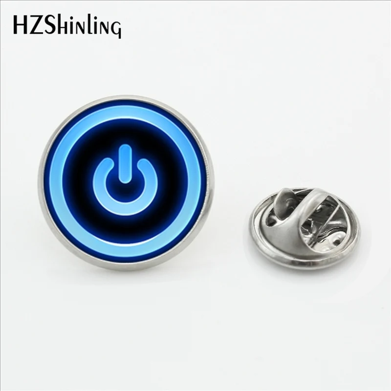 2017 New Fashion Power Button On Off Lapel Pins Round Glass Button Butterfly Fashion Jewelry Stainless Steel Brooch Pins