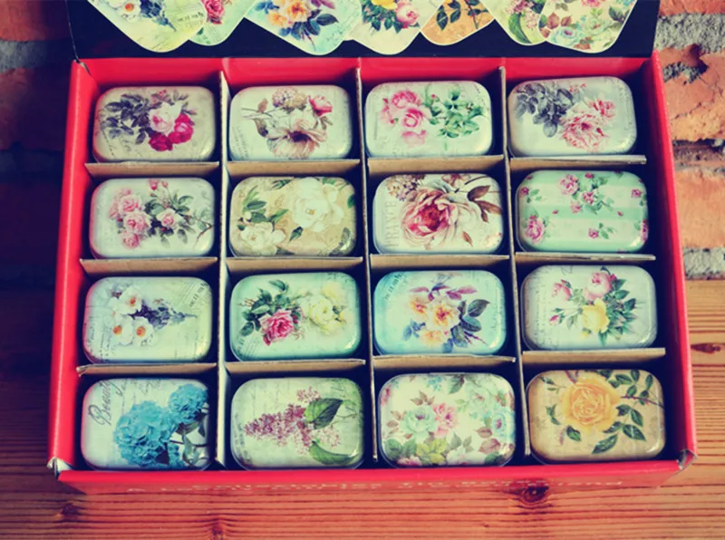 

32pcs/box Mixed Flower Printing Mini Pill Case Collectables mini Box Diy storage box square lipstick case small tin box