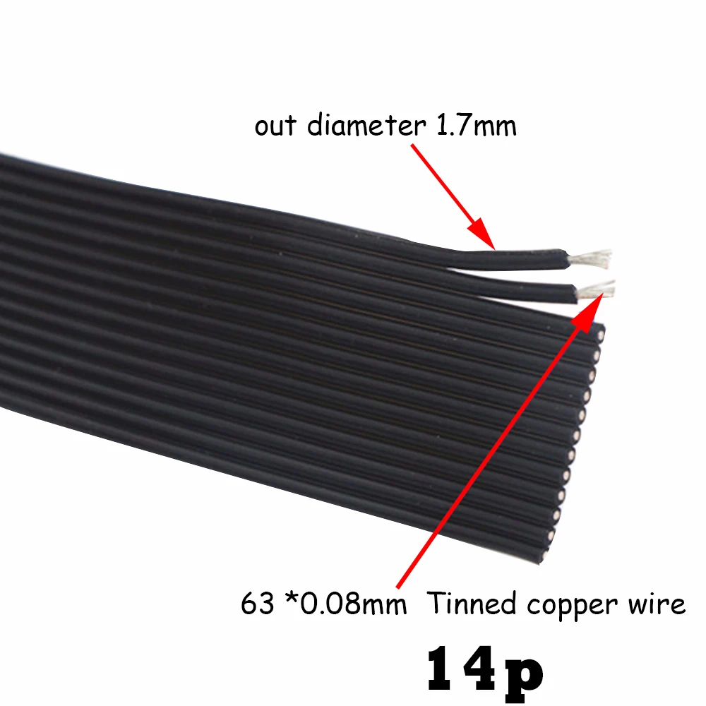 10-Pin 12-Pin 14-Pin Silicone Ribbon Cable 3D-Printers Wire 20AWG 22AWG Soft Parallel Black Copper Wide Line