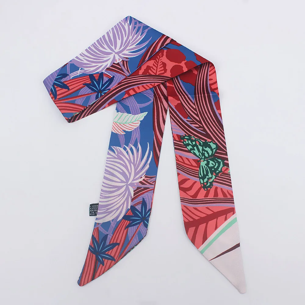 New Luxury Brand Silk Small Women Head Scarf Hair Bags Tropical rainforest Handle Decoration Tie Multifunction Hand Ribbon Scarf image 5