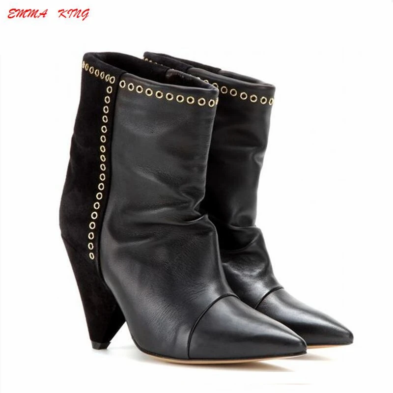 2019 Fashion Suede Leather Patchwork Sexy Ankle Boots Women Spike High Heel Pointy Toe Metal Pleated Flock Ladies Short Boots