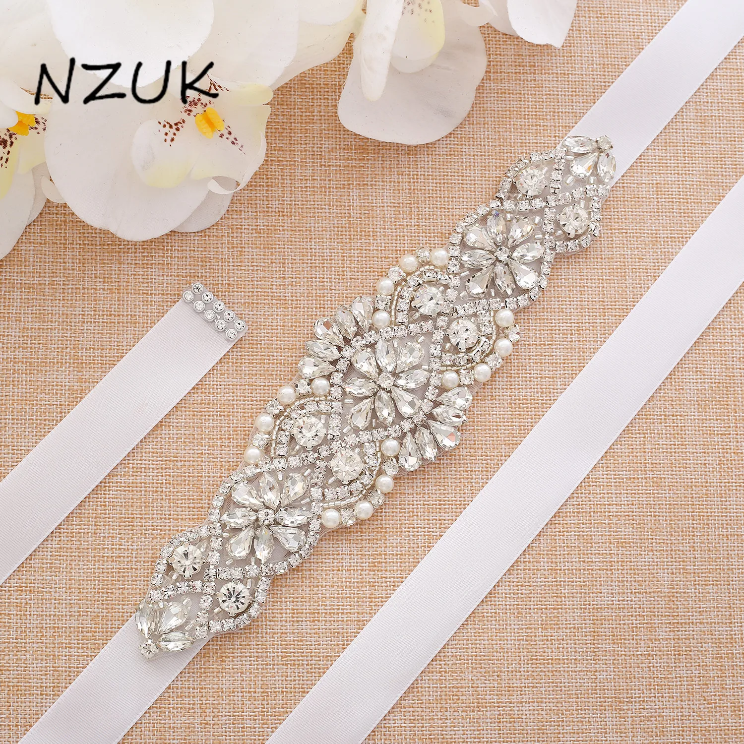 NZUK Pearls Belt Thin Rhinestones Bridal Belt Hand Sliver Beaded Ivory Belt Sash For Prom Dresses cinturon para vestido