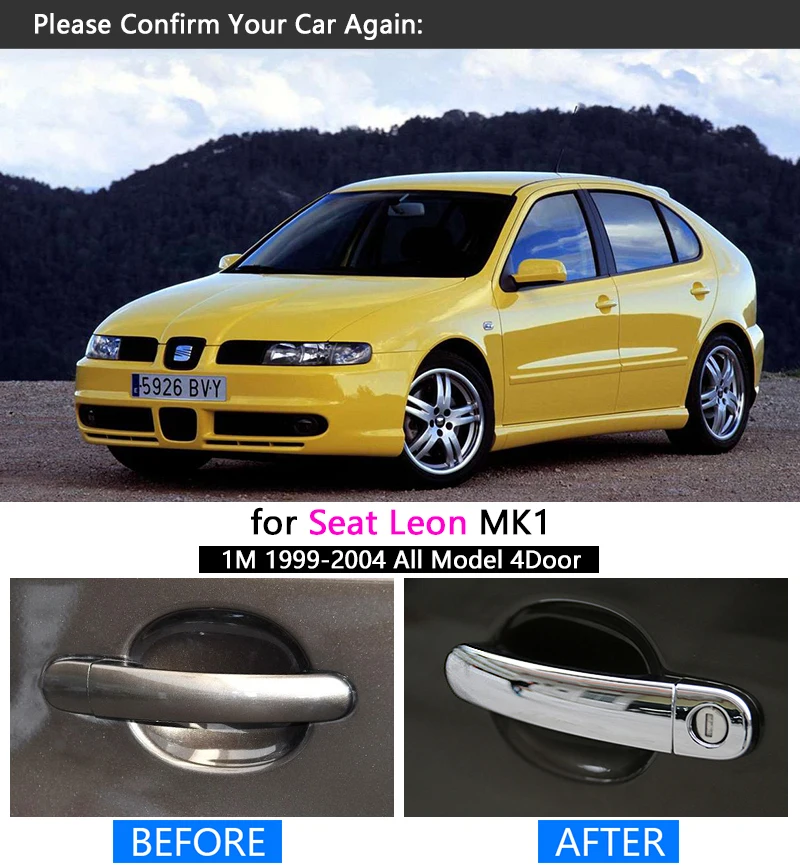 for Seat Leon MK1 1999-2004 1M Luxurious Chrome Handle Cover Trim Set 2000 2001 2002 2003 Car Accessories Stickers Car Styling