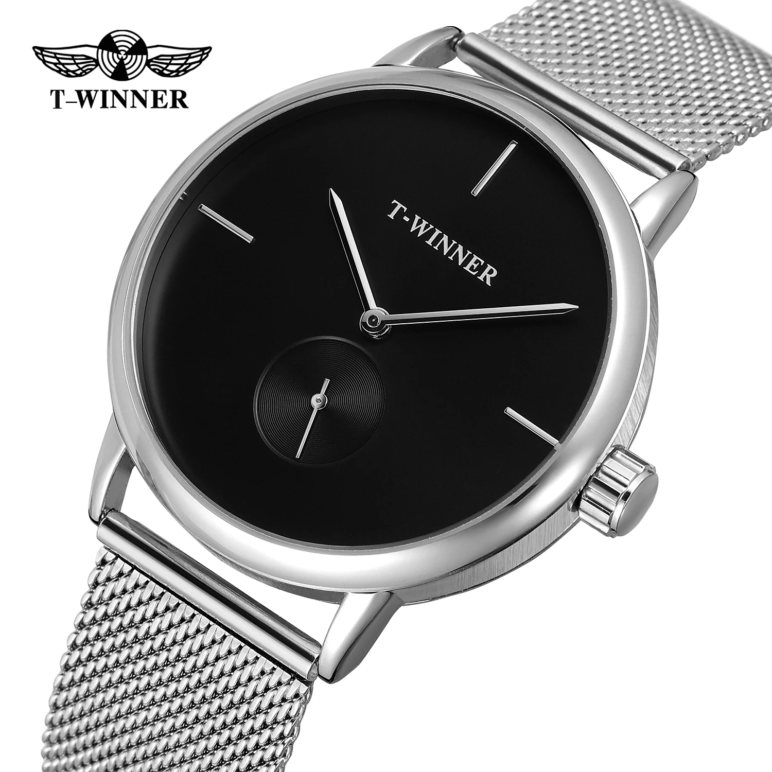 Fashion T-winner Top Brand Men Mechanical Watches Full Stainless Steel Luxury Business Mens Black Case Dress Relogio Masculino