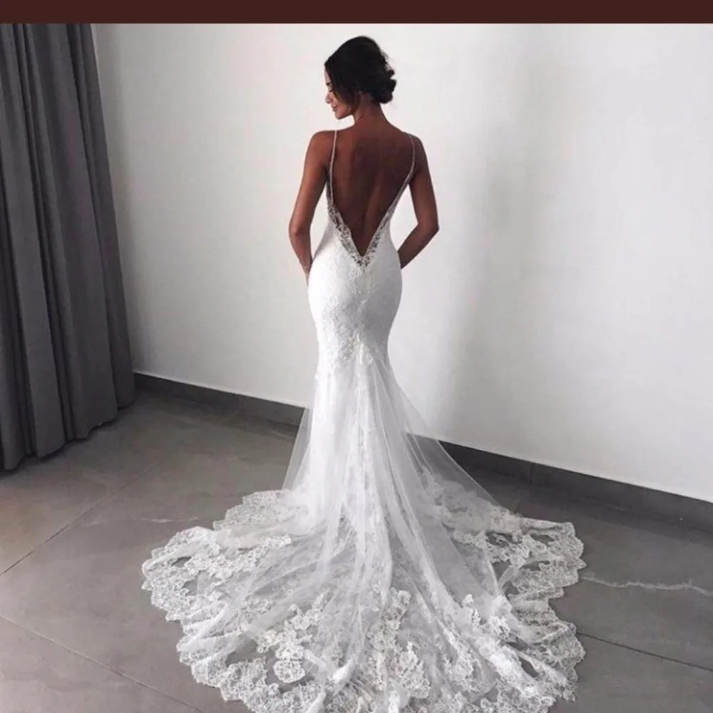 Sexy espaguete renda vestidos de casamento com destacável tule trem sem costas rendas appliqued país vestido de casamento para nupcial