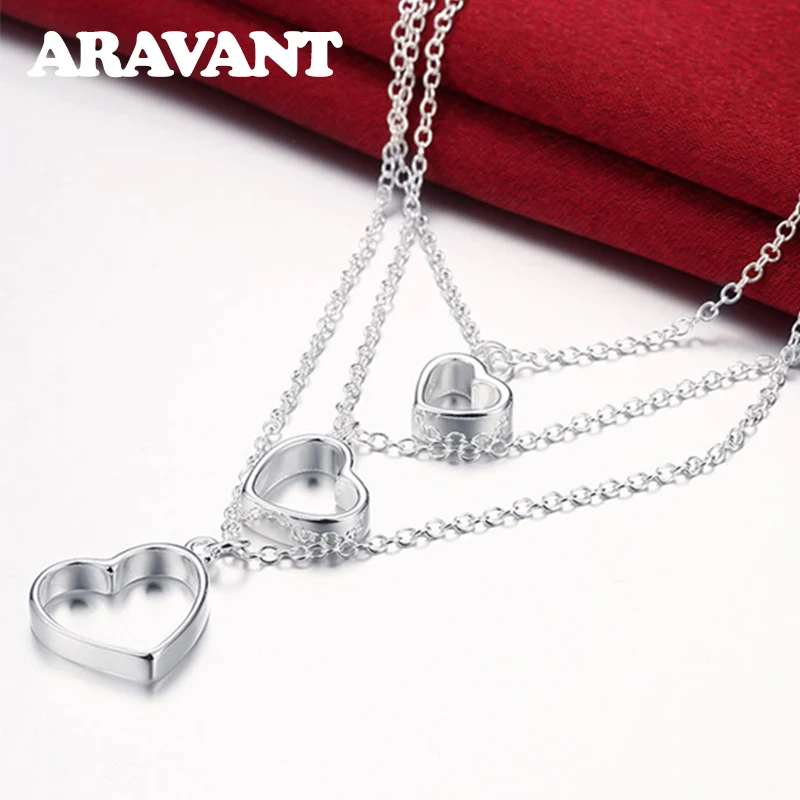 

925 Silver Heart Triple Layer Chain Necklaces For Women Wedding Jewelry Gift