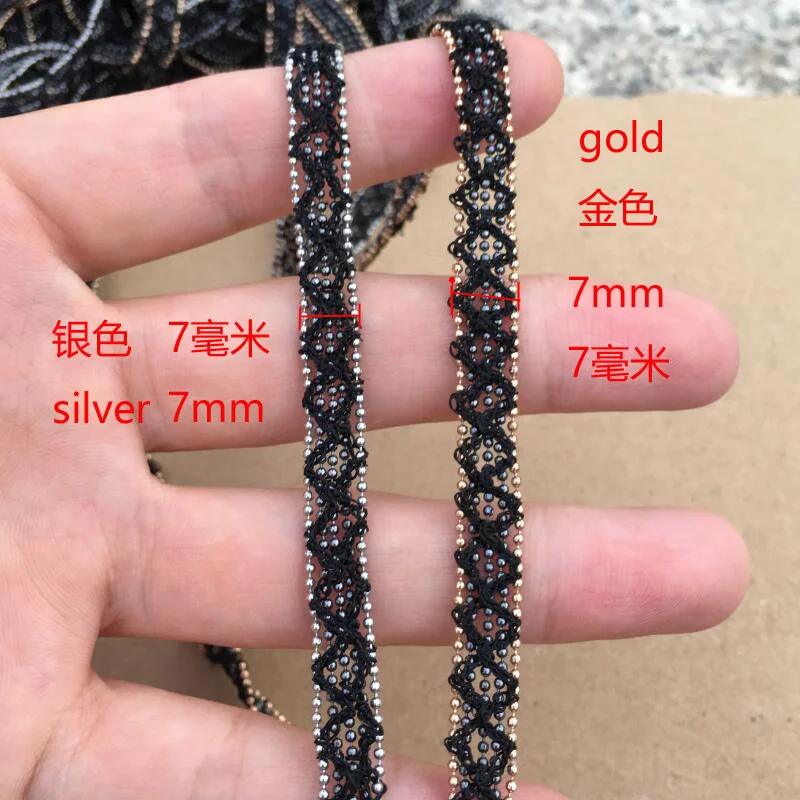 2 yards/lot 7mm thin black lace 8-shape silver gold ball chain lace fashion garment clothing decorative lace DIY dress accessory