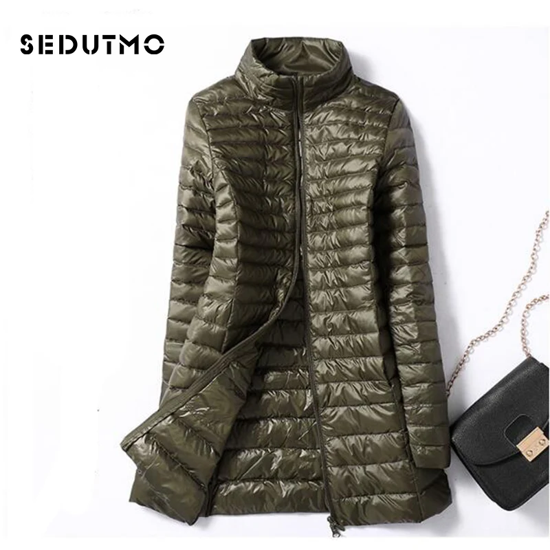 SEDUTMO-chaquetas de plumón de pato ultraligeras para mujer, abrigo largo acolchado, Parkas negras delgadas, ED037, Invierno