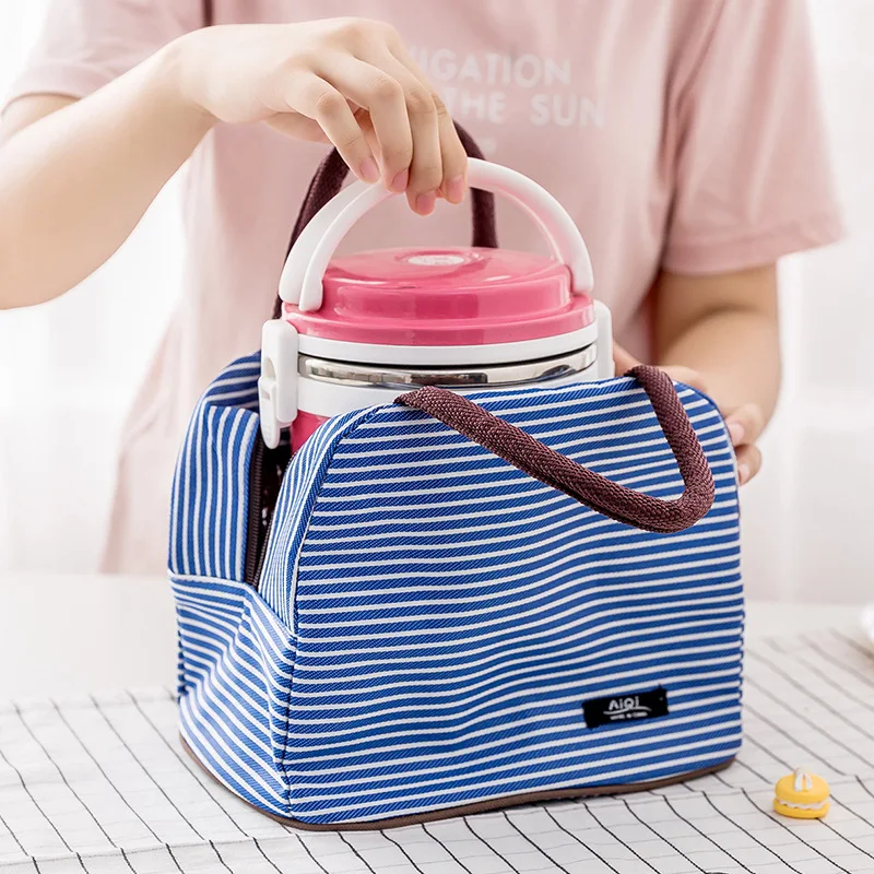 Leisure Women Portable Lunch Bag Canvas Stripe Insulated Cooler Bags Thermal Food Picnic Lunch Bags Kids Lunch Box Bag Tote