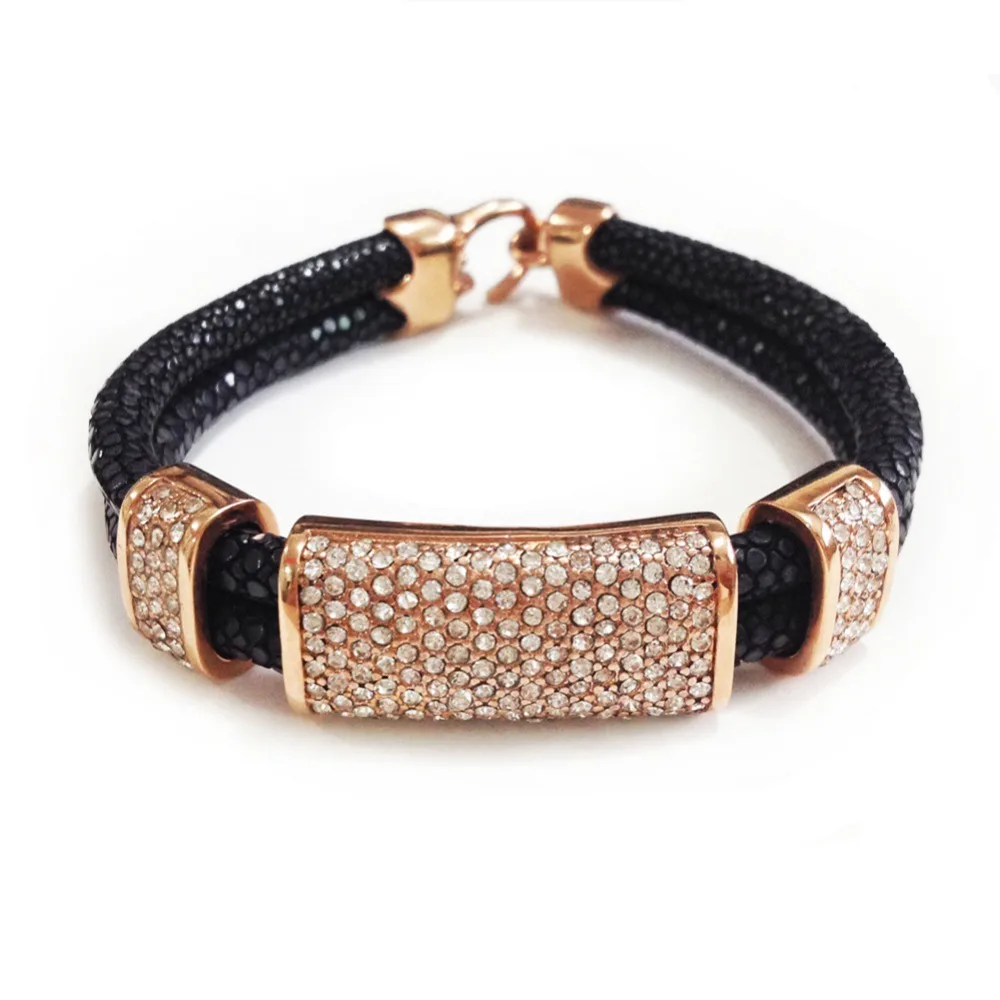 

Fashion Men Two Layer Red Stingray Leather White Zircon Bracelet With Stainless Steel Clasp Bracelet Bangle for Party Gift