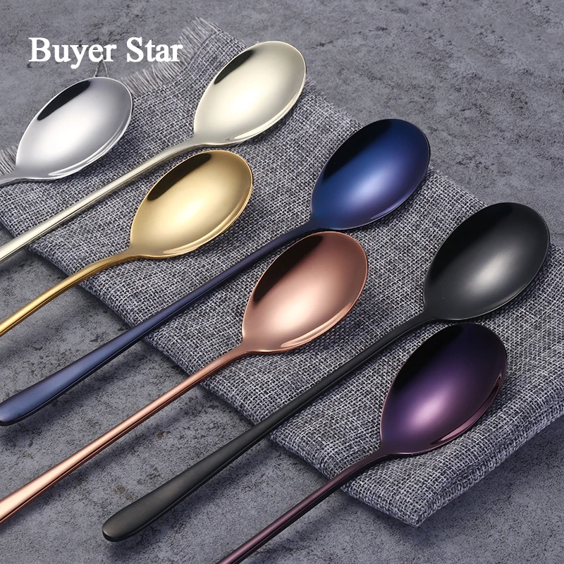 

8PCS Colourful Dessert Spoon 304 Stainless Steel Korea Silver Soup Spoon Long Handle Gold Spoon Set for Teaspoon Gold Tableware