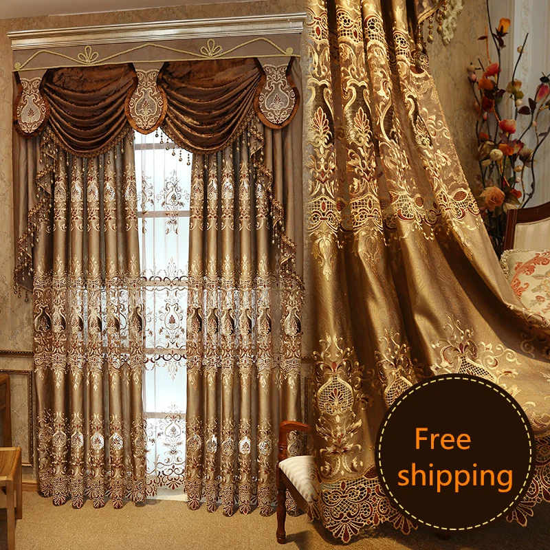 

Custom curtain Luxury European style golden luxury water soluble embroider cloth blackout curtain tulle sheer valance E761