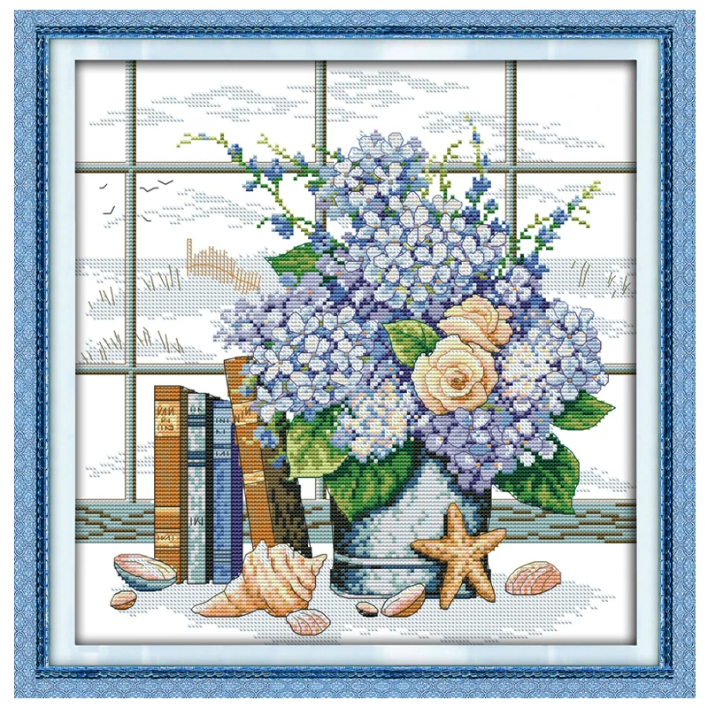 Blue Elegant Flowers Patterns Counted Cross Stitch Set DIY 11CT 14CT 16CT Stamped DMC Cross-stitch Kit Embroidery Needlework