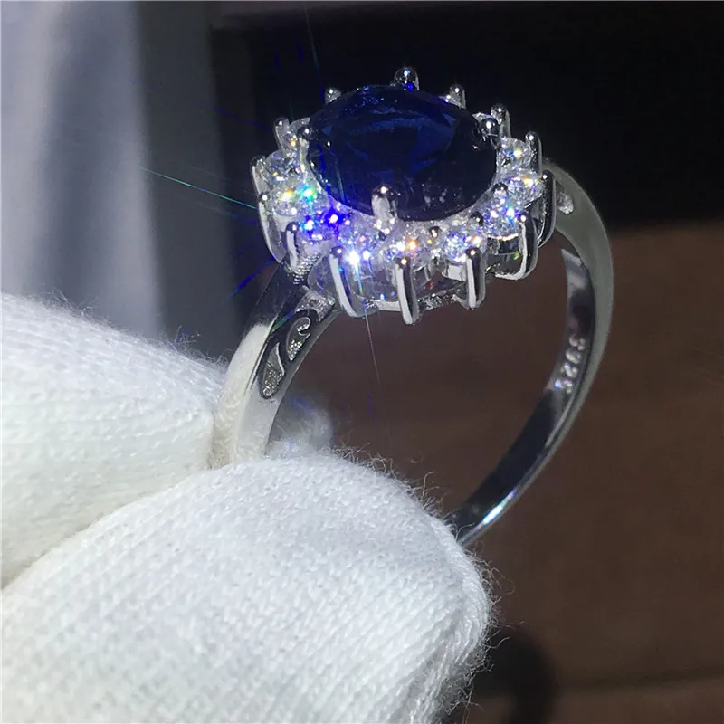 Vecalon Fine Jewelry 100% Real 925 Sterling Silver ring 5A Blue Zircon Cz Diana Engagement wedding Band rings for women Bridal