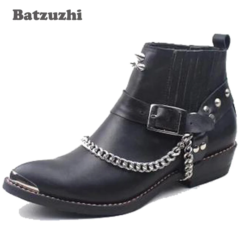 Punk Western Cowboy Boots Men Cowhide Genuine Leather Boots Male Boots Men's Leather Motorcycle Rock Botas Rivets Chain