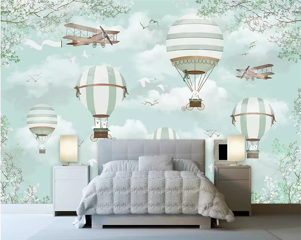 Custom large self-adhesive material mural Cartoon hot air balloon aircraft Blue sky Hand Painted Cartoon Kids  3d wallpaper