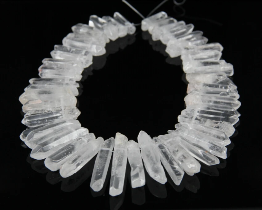 

48pcs/Strand Polished Nature Crystals Top Drilled Stick Beads,Raw Quartz Graduated Point Pendants 7-12x25-48mm