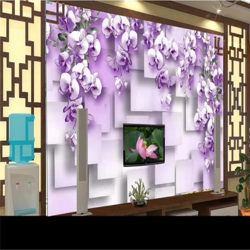 

Custom Mural Wallpaper Living Room 3d Purple Flower Rattan Tv Background Wall