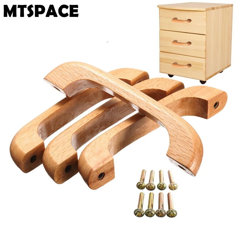 MTSPACE 4pcs/Set 96mm Arcuate Solid Wood Cabinet Handle and Knobs Wood Mushroom Furniture Round Drawer Furniture Handle Pulls