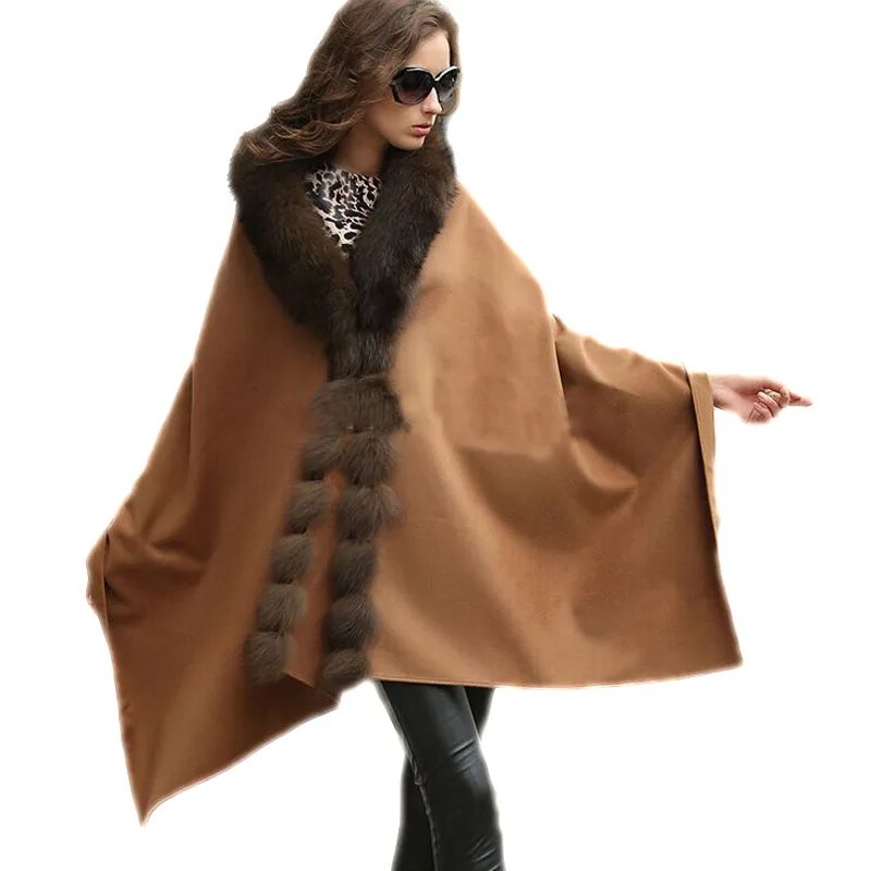 

100% Real Cashmere Wraps Women Real Fox Fur Poncho Female Cloak Coat Lady Winter Cape/Shawl/ BROWN