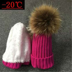 Cllikko Real Fur Hat Knitted Real Big Raccoon Pom Pom Hat children Winter Hat Unisex Kids Ages 1-18 Warm Chunky plus velvet