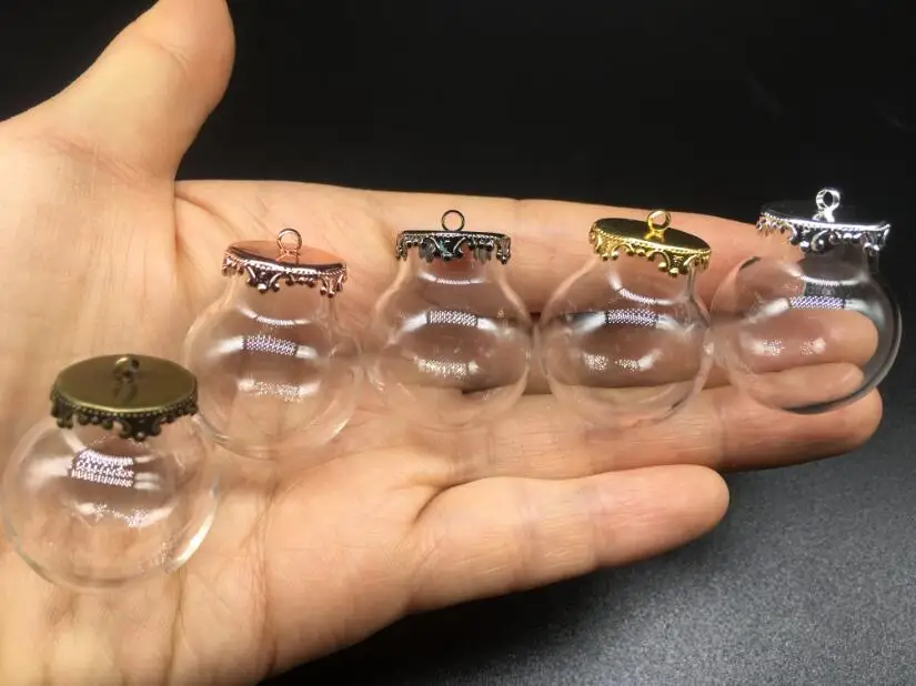 5sets 25*15mm round transparent glass globes with 5 colors metal crown base tray jewelry necklace vial pendant wishing bottles