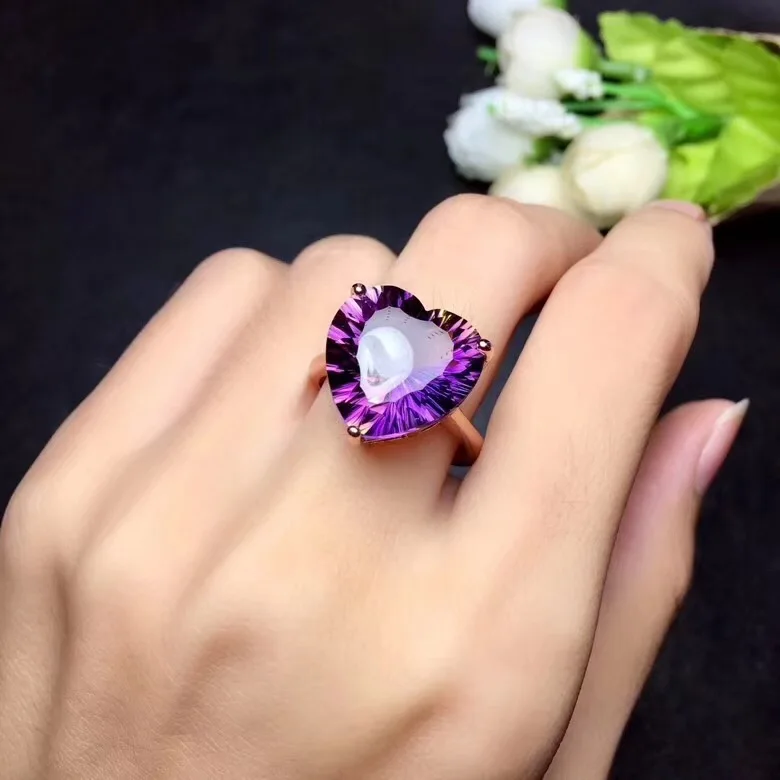 Simple heart-shaped gemstone Natural amethyst lady ring, 925 silver, novel craftsmanship, beautiful colors.