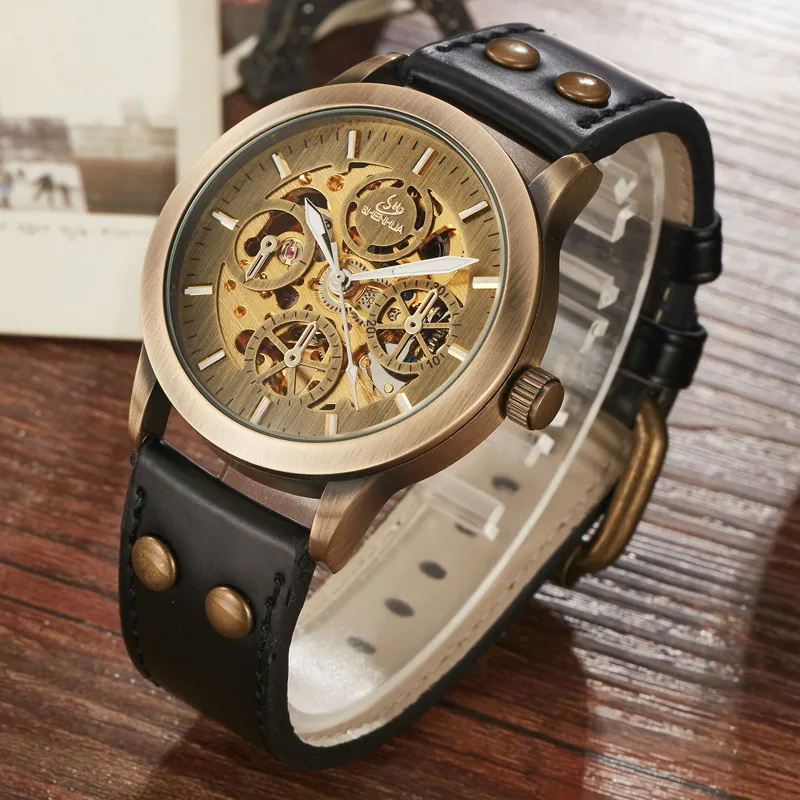 SHENHUA Retro Bronze Automatic Mechanical Watch Mens Skeleton Luminous Real Leather Men Sport Speed Mechanical Wristwatches