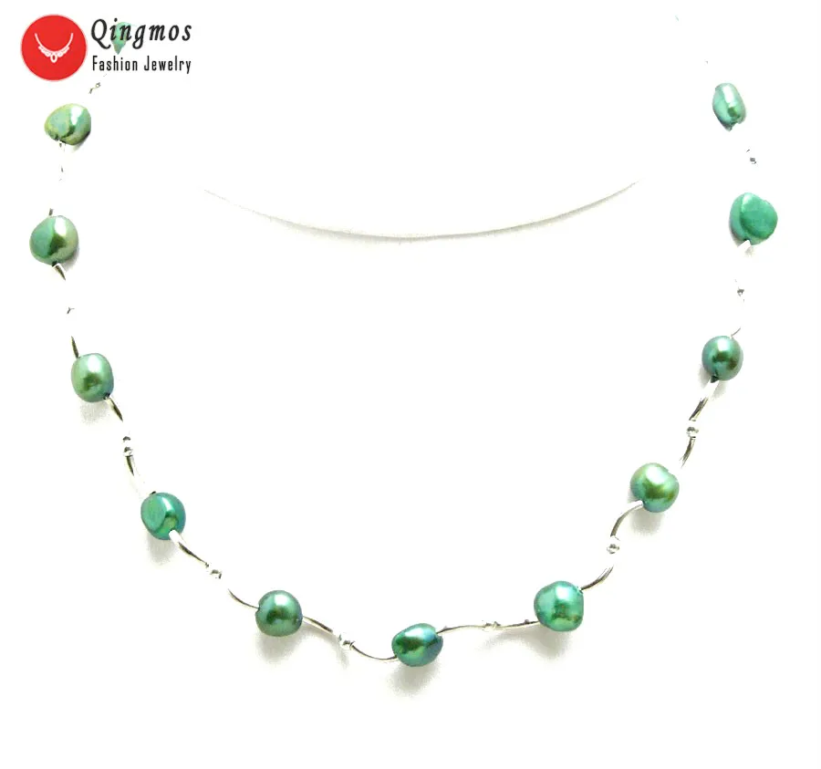 Qingmos Floating Natural Pearl Necklace for Women with 8mm Green Baroque Pearl Chokers Necklace and Silver Plated Elbow Jewelry