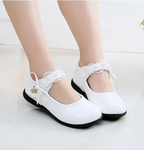 2019Princess Bow Rhinestone Children Shoes White Black Leather Shoes For Girls Zapatos Ninas Party Wedding Girls Heel Shoes