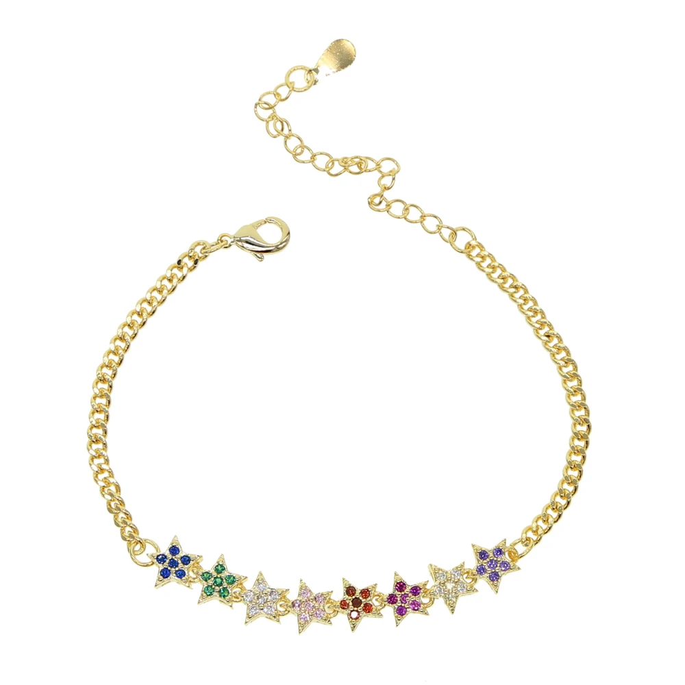Gold Color Plated Rainbow Cz Flower Charm Bracelet Adjust Chain Delicate Stunning Minimal Cute Elegance Jewelry for Women