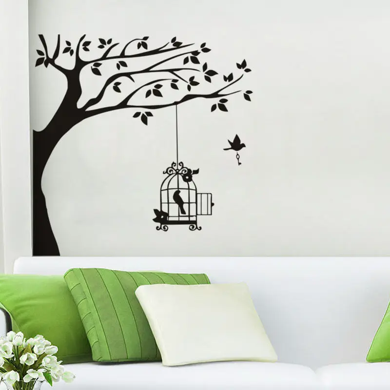 

Bird Cage Hanging in Tree Branch Wall Stickers Vincy Wall Sticker Home Decor Living Room Sofa Background Wall Art Decals SA054B