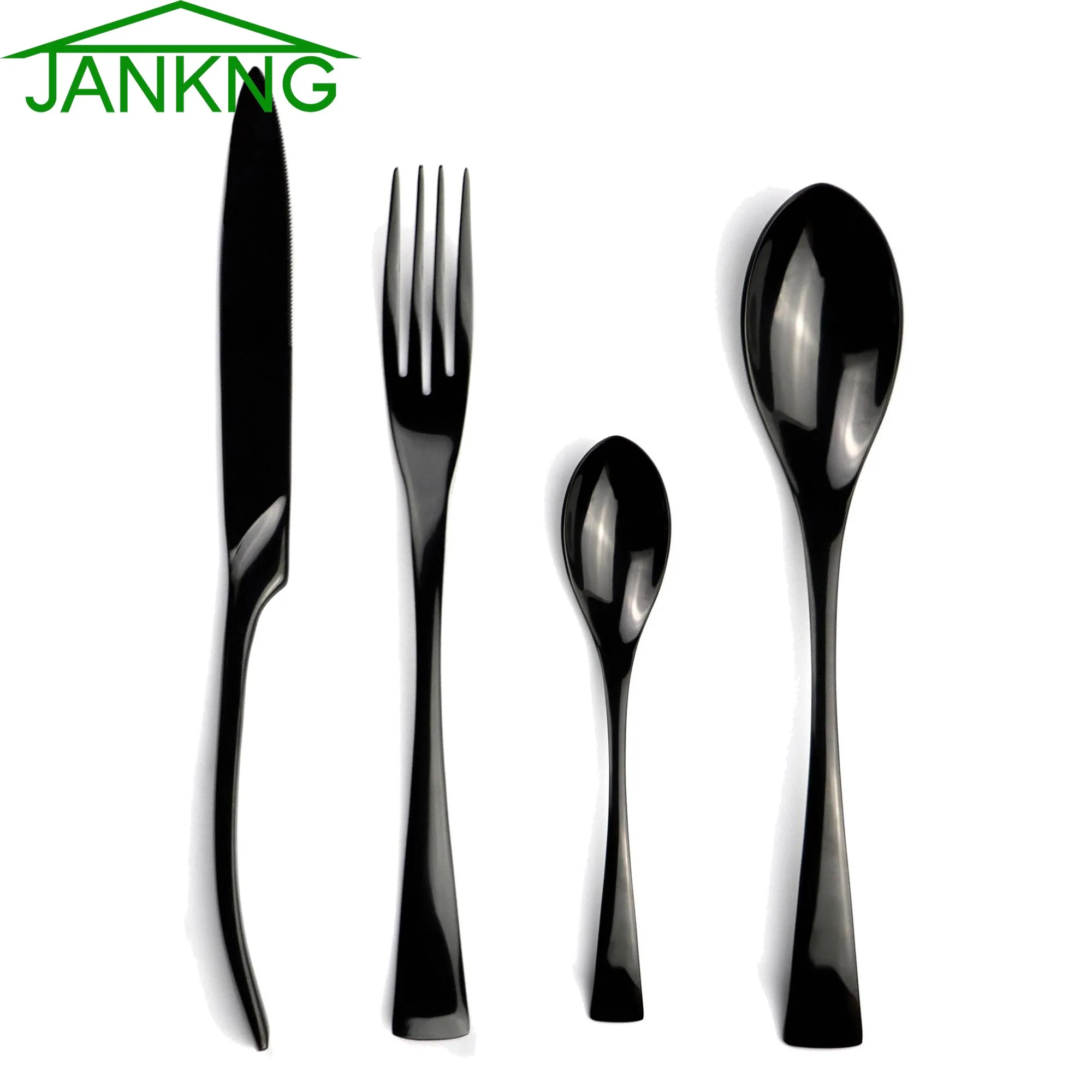 

JANKNG 24-Pcs Mirror Black Dinnerware Set 18/10 Stainless Steel Cutlery Steak Untensils Knife Fork Silverware Table Dinner Set