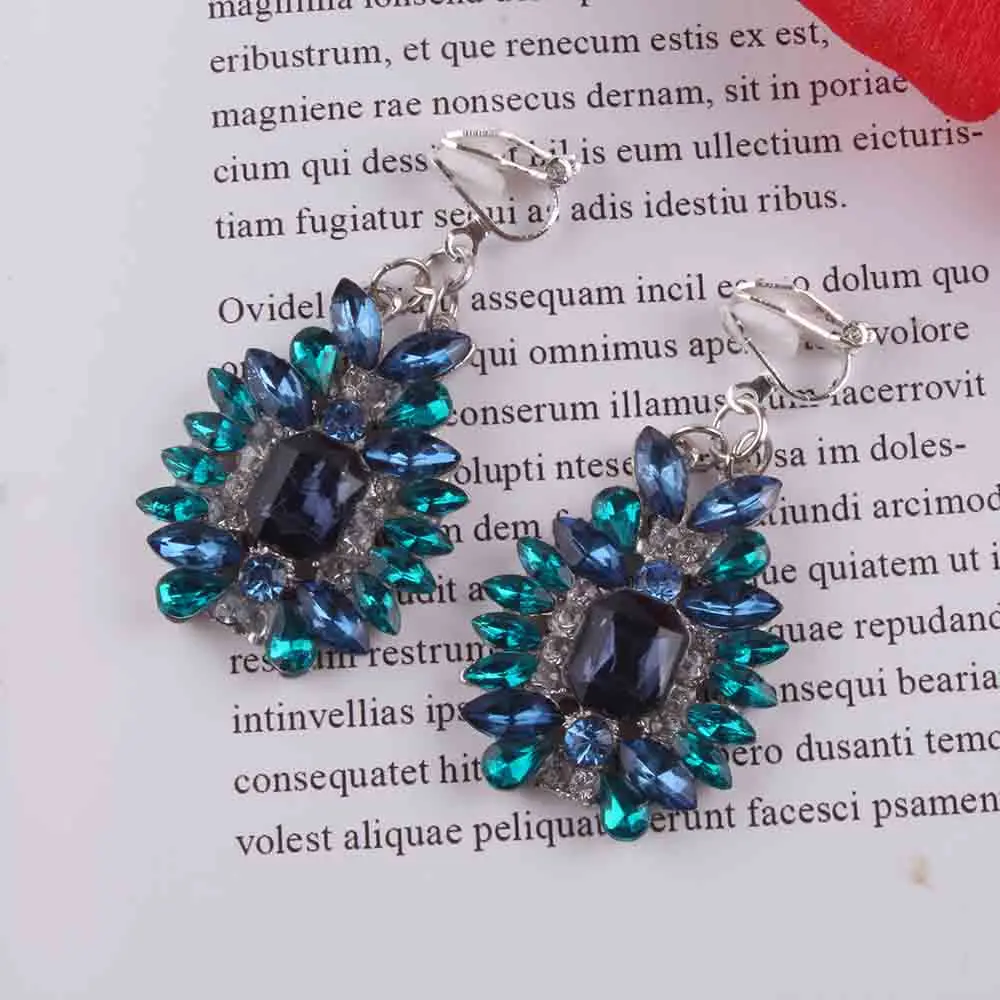 High Quality blue Crystal Clip on Earrings For Women Luxury Ear Jewelry Vintage Party Wedding Jewelry Hot Sale Gift Wholesale