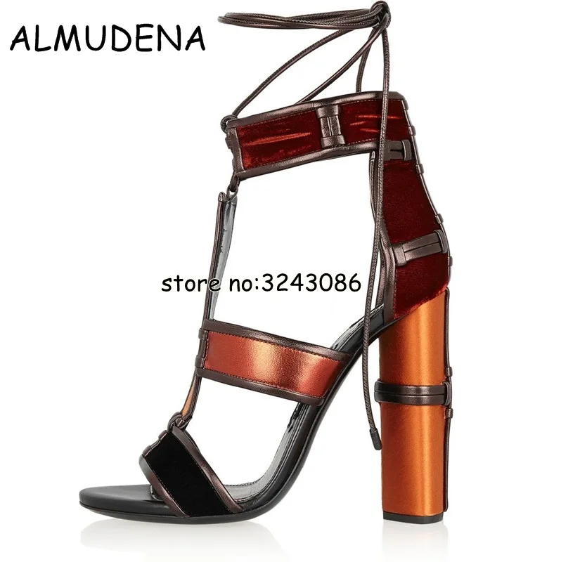 Hot Sale Lace Up Velvet Suede Women Patchwork Sandals Ankle Wrap Chunky Heels Sandals Shoes T-strap Lady High Heels Shoes