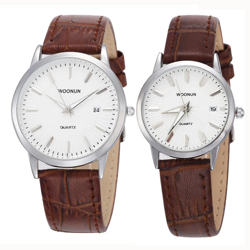 Woonun Top Mewah Merek Pasangan Jam Tangan untuk Pecinta Genuine Leather Strap QUARTZ-Watch Fashion Pria Wanita Pasangan Jam Tangan Terbaik hadiah