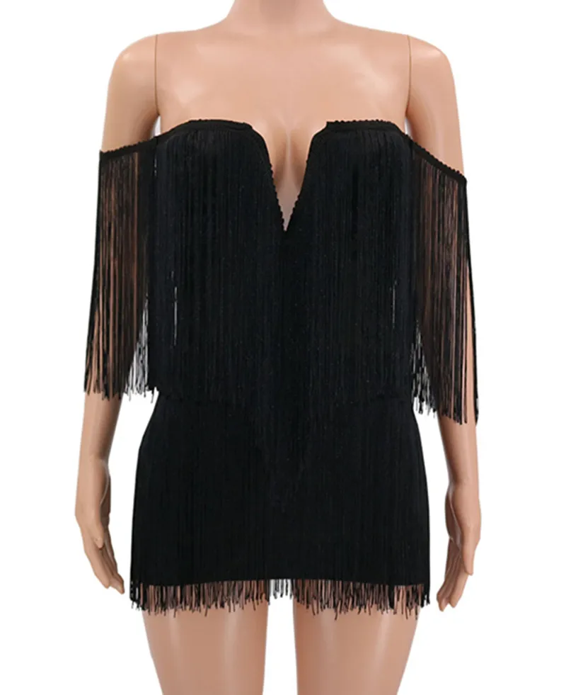 2025 Summer new women sleeveless strapless bandage dress sexy bodycon tassel evening party black white dresses vestido