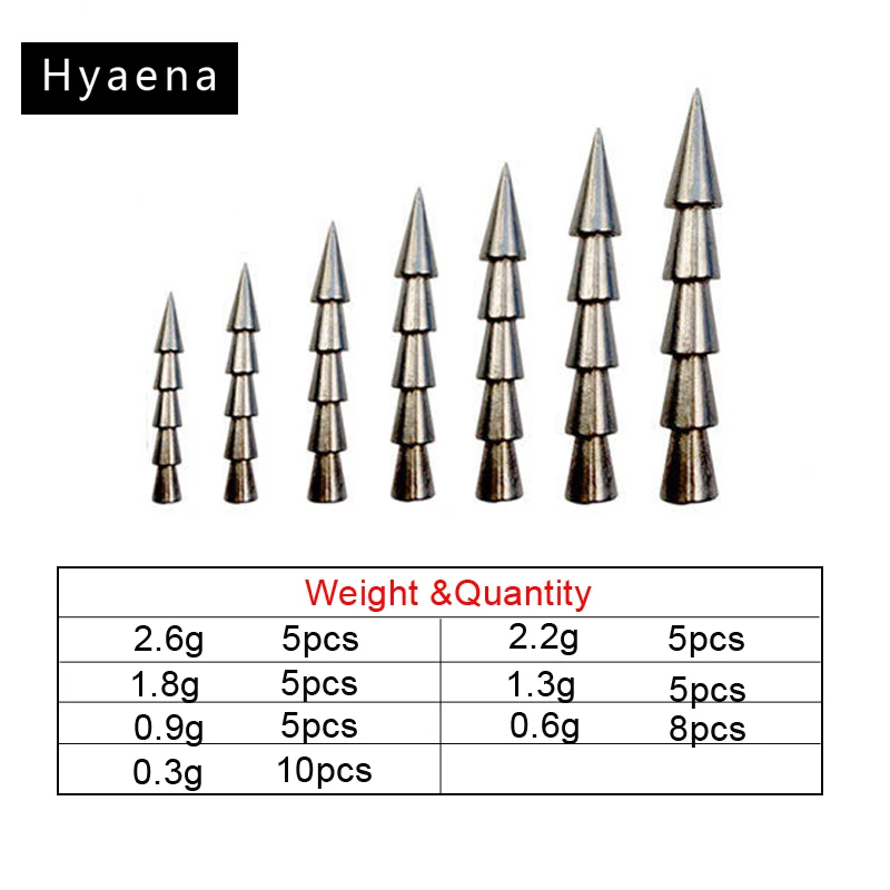 Hyaena 43pcs Tungsten Nail Pagoda Fishing Sinker Small Thin Worm Weights Sinkers Insert Into Soft Lures Set With Box