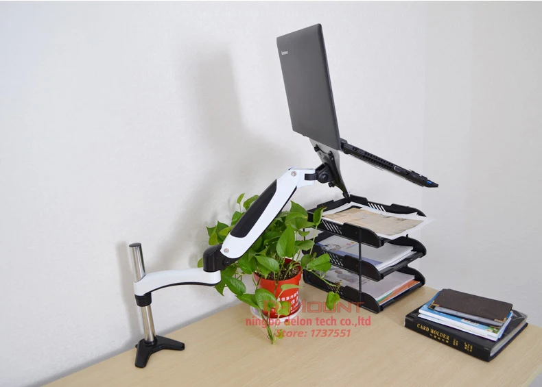 DL-GM112-LP1 full motion aluminum air press gas spring dual arm laptop desktop Mount swivel grommet hole clamp notebook tray