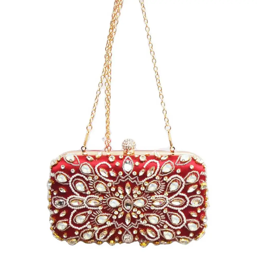 

Fashion Lovey Wine Crystal Women Clutch Bag With Pearl Ladies Evening Bag Chain Female Purse
