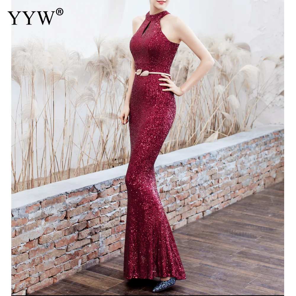 New 2020 Women Sequined Party Long Dresses Halter Sleeveless Mermaid Evening Dress Ladies Solid Sexy Robes Elegant Formal Gowns