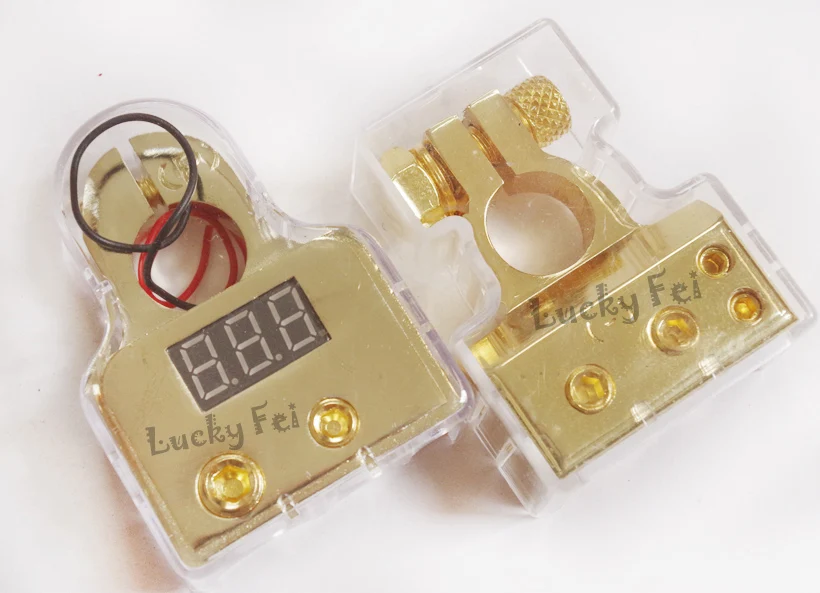 2 unids 0 / 4 / 8 Awg pair of gold digital battery terminal clamps with a built in LED digital display  Car battery terminal