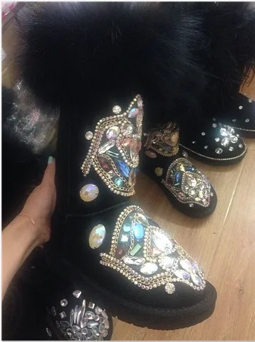 Winter Hot Women Rhinestone Mid-Calf Snow Boots Luxury Colorful Crystal Ladies Flat Boots Raccoon Fur Boots Slip On Warm Boots