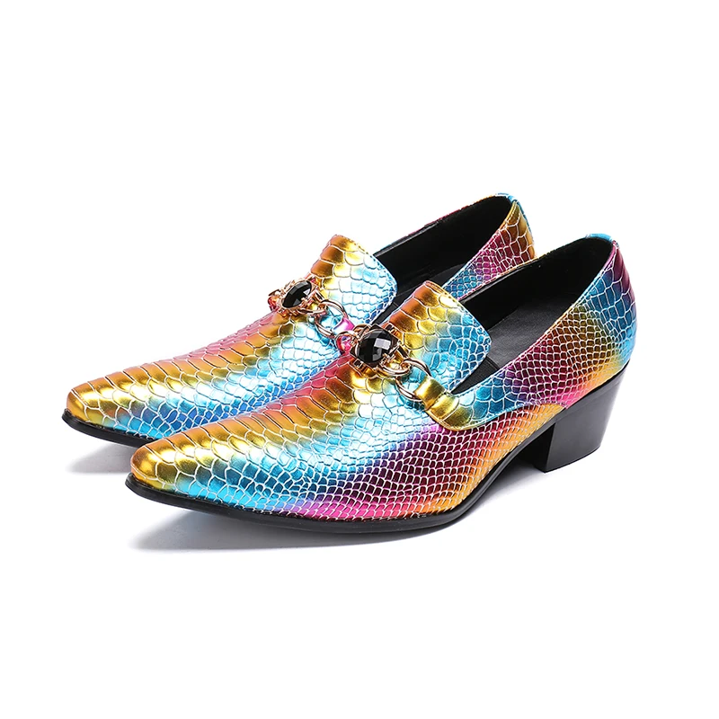 

Classic mens shoes high heels snake skin patent genuine leather rainbow color elegant dress wedding shoes male sapato social