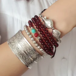 Vintage Carving Cuff Bangles Fashion Tibetan Silver Plated Elephant Owl Bell Charms Beaded Bracelet Indian Jewelry Women Gifts
