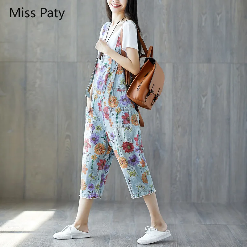 

Loose casual floral denim overalls rompers women harem cotton jumpsuit elegant lady rompers pants for women macacao petos mujer