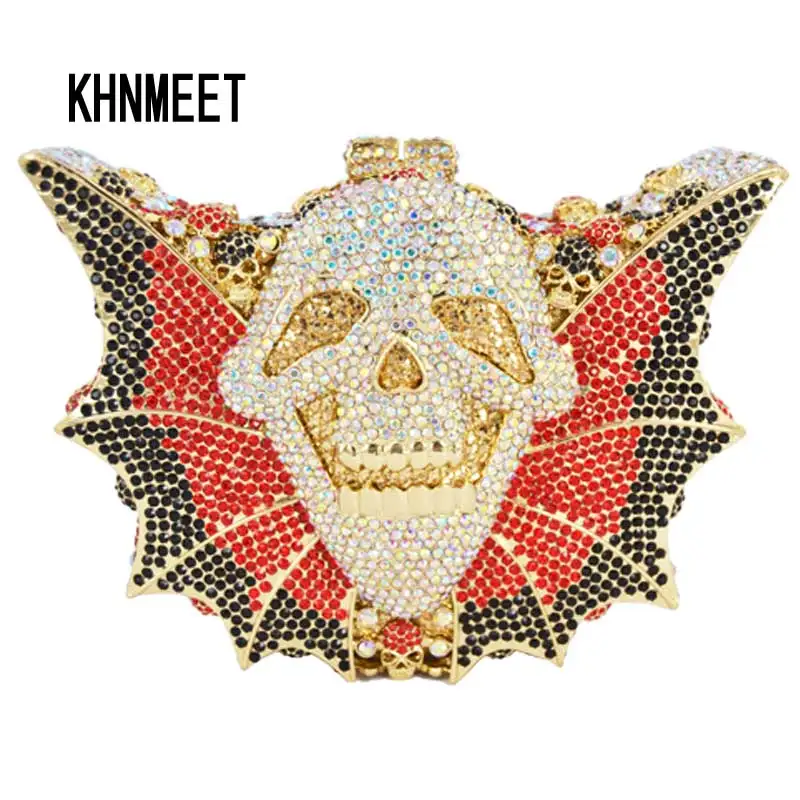 

KHNMEET Luxury crystal clutch bag women evening bags bat shape Hallowmas skull bag diamond prom party Purse bling handbags SC115